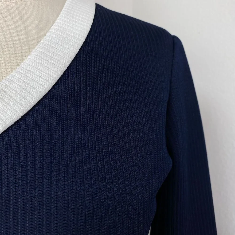 Vintage 70s Navy Blue Ribbed Knit Maxi Dress White Trim Med Dark Academia Boho